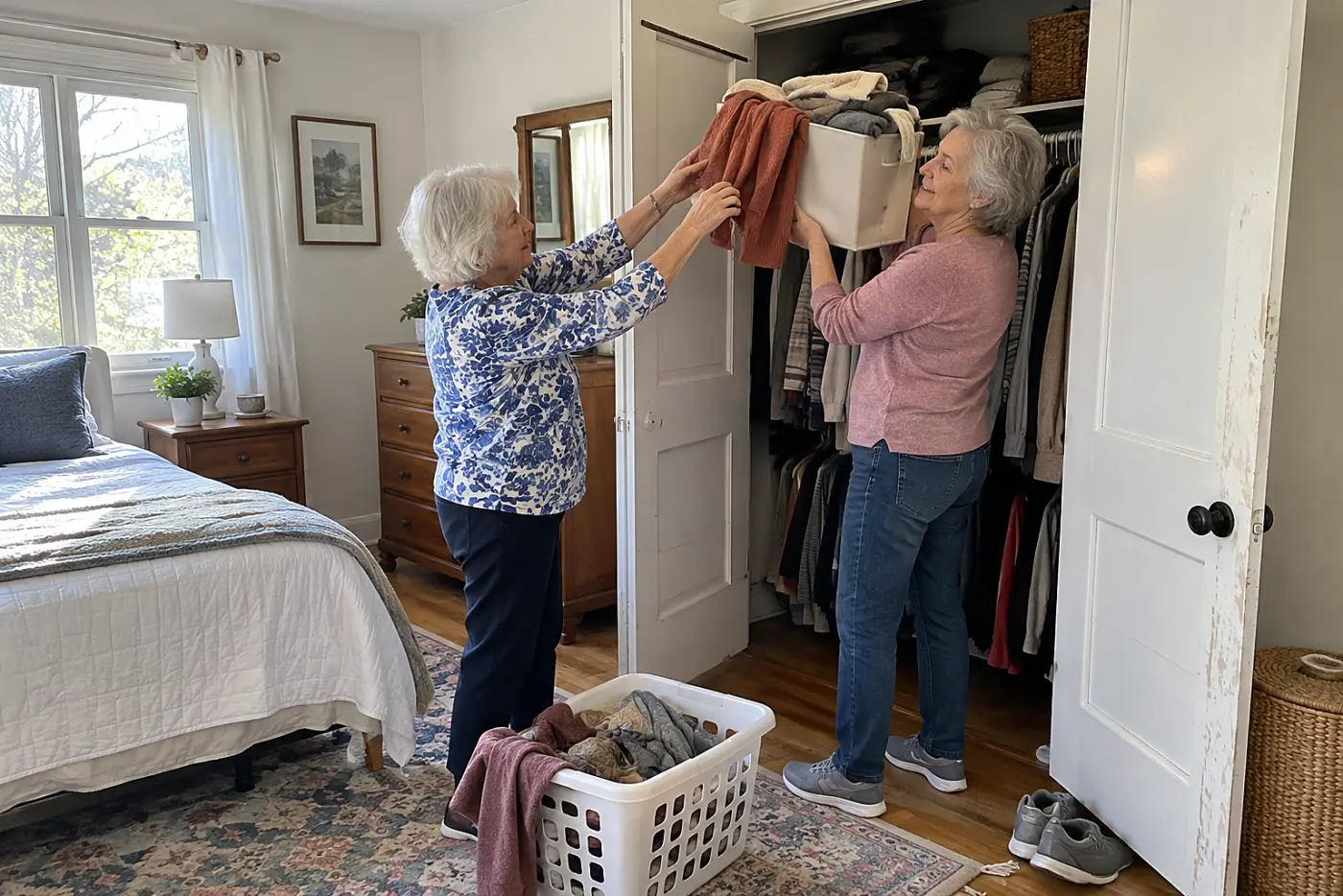 Older woman lifting a box of clothes from her bedroom closet.