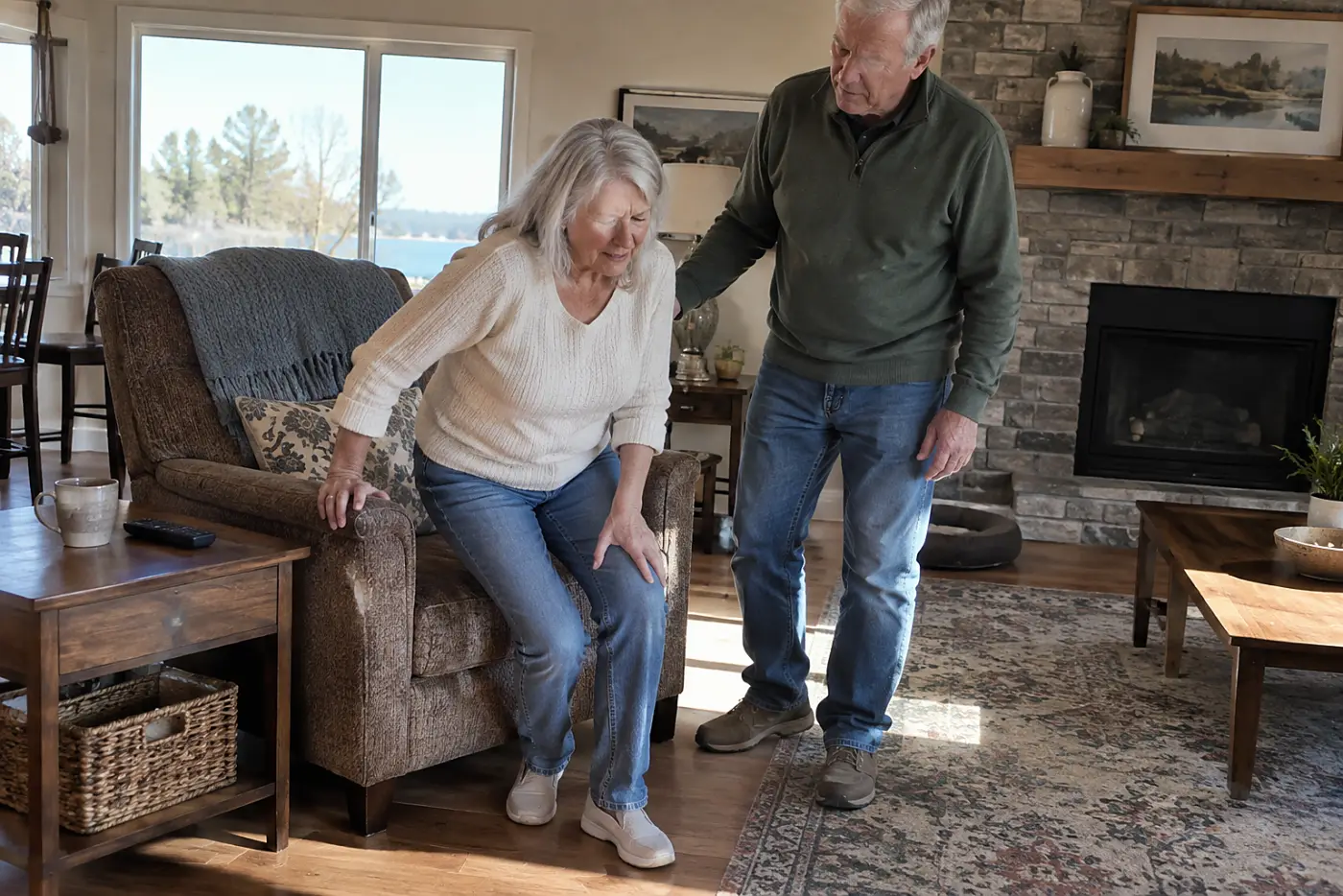 Older woman pushing herself up from a chair while favoring one knee.