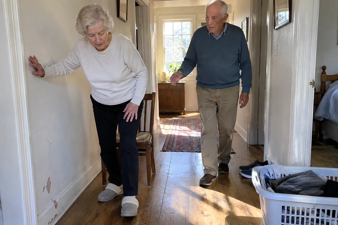 Older woman steadying herself against a hallway wall after standing.