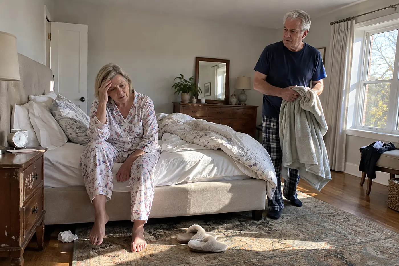 Older woman sitting beside her alarm clock with a hand on her forehead.
