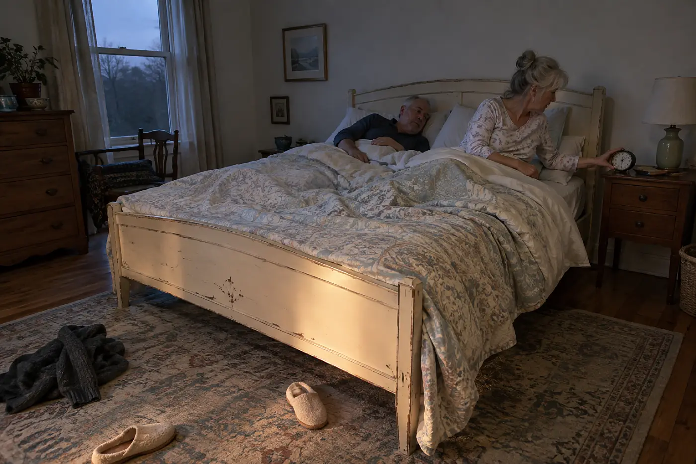Older woman looking at the clock from her bed before dawn.