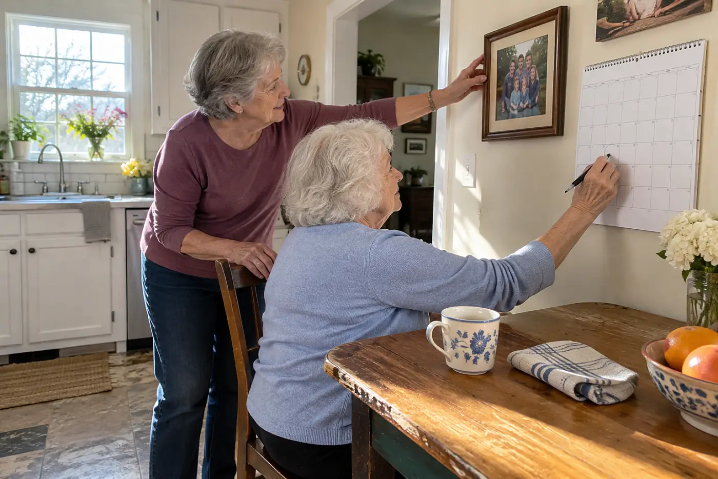 Older woman circling a date on a calendar beside a family photograph.
