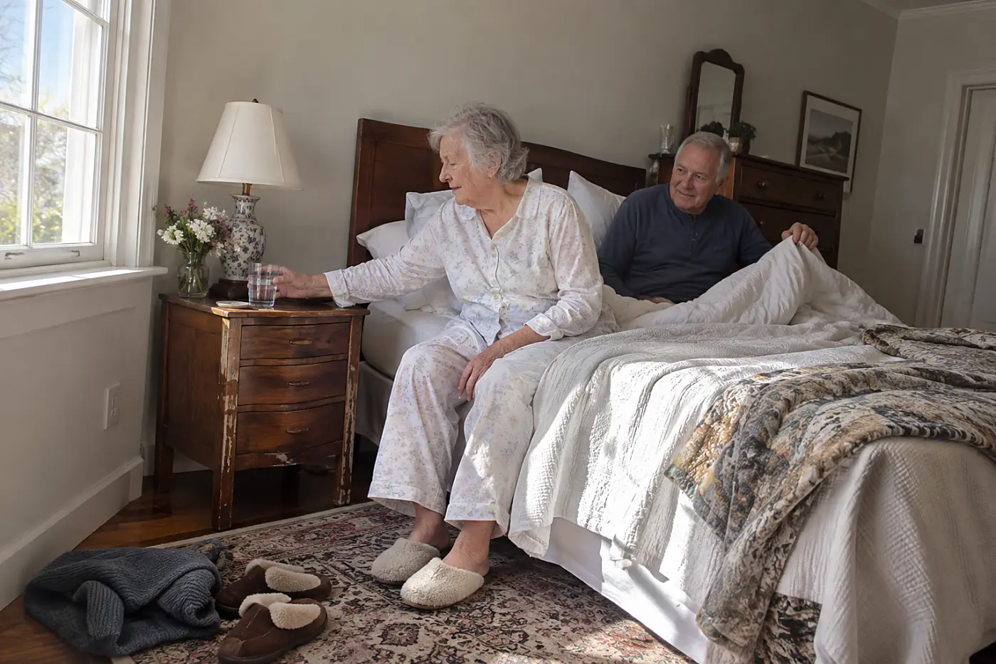 Older woman picking up a full water glass from her bedroom nightstand.