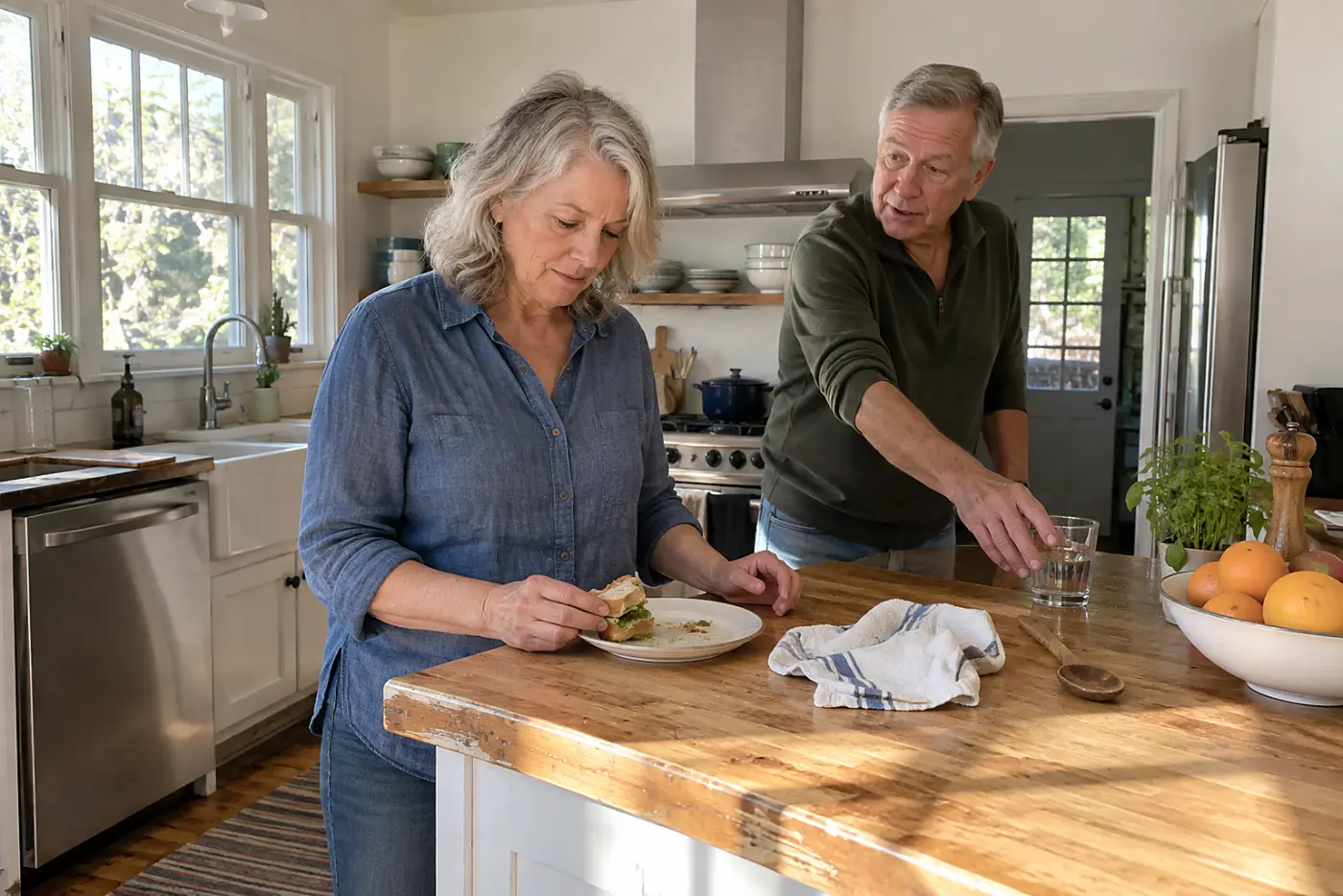 Older woman looking at a half-eaten sandwich on her kitchen counter.