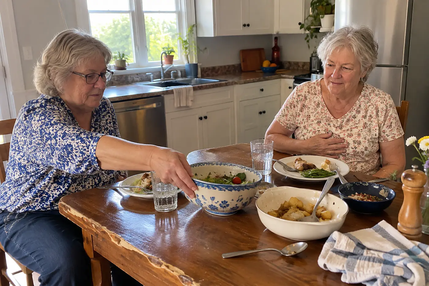 Older woman resting a hand on her stomach at the lunch table.