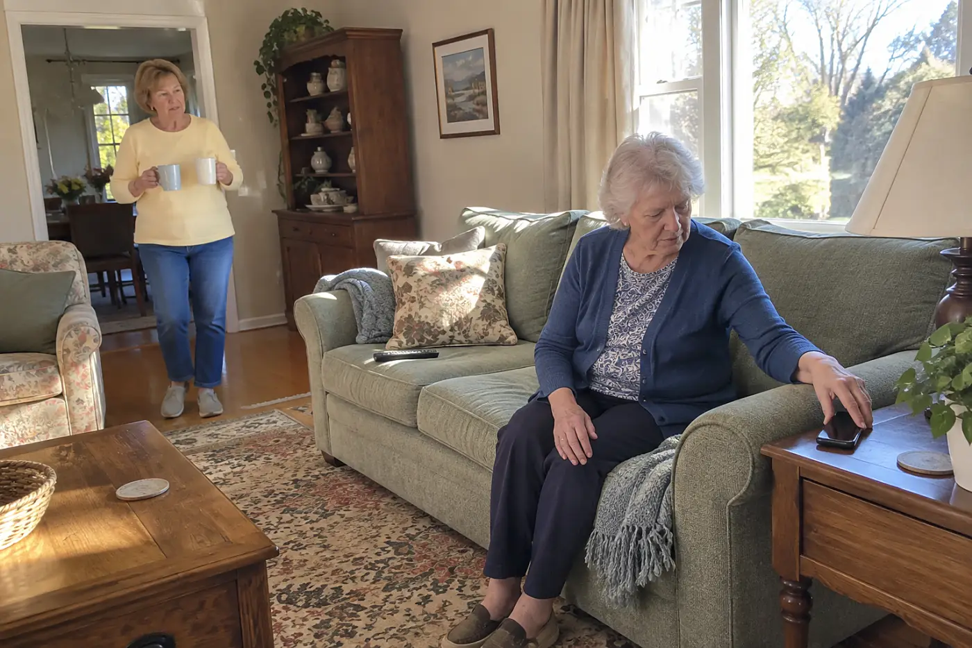 Older woman lowering her shoulders after a phone call in her living room.