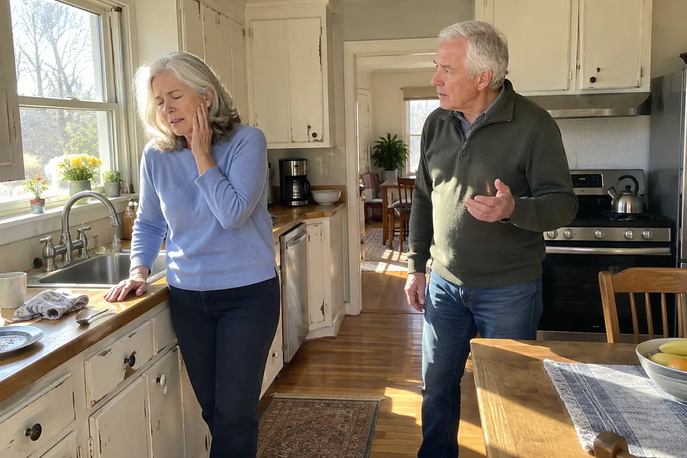 Older woman touching her jaw beside the kitchen sink after breakfast.