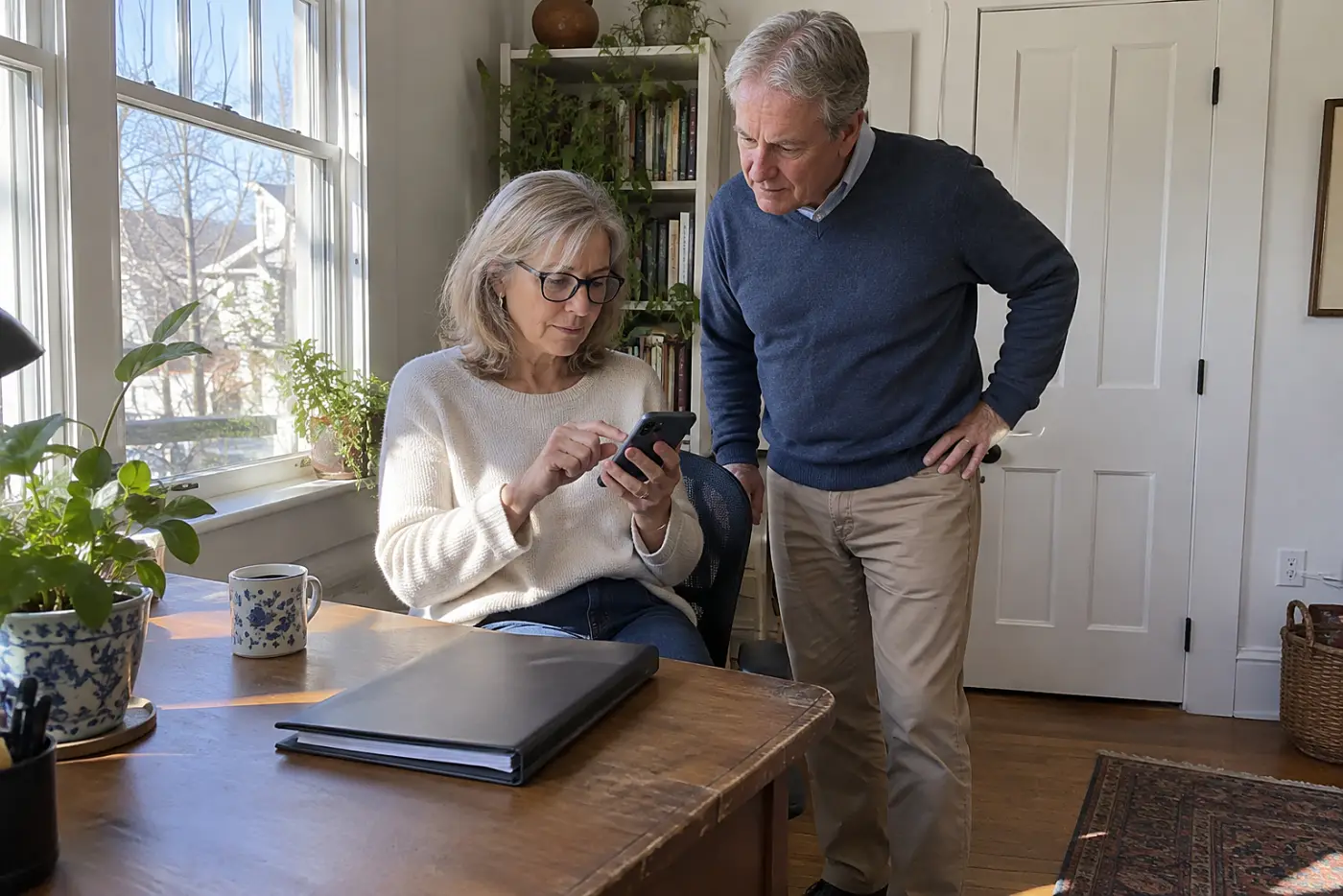 Older woman using her phone to book an appointment at her desk.