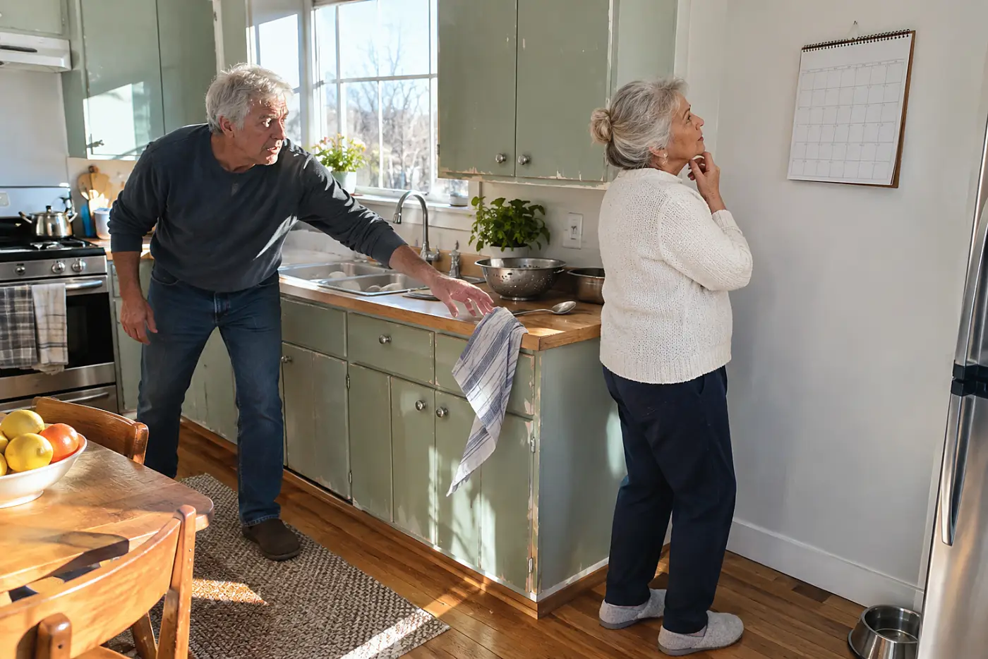 Older woman looking at an empty wall calendar in her kitchen.