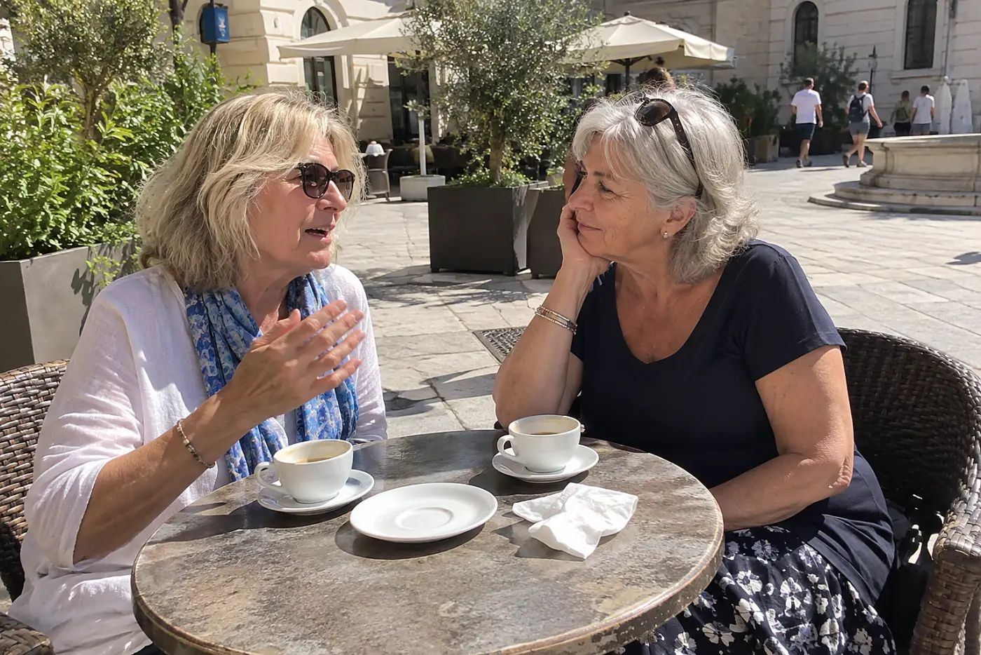 Older woman leaning closer to hear a friend at a cafe table.