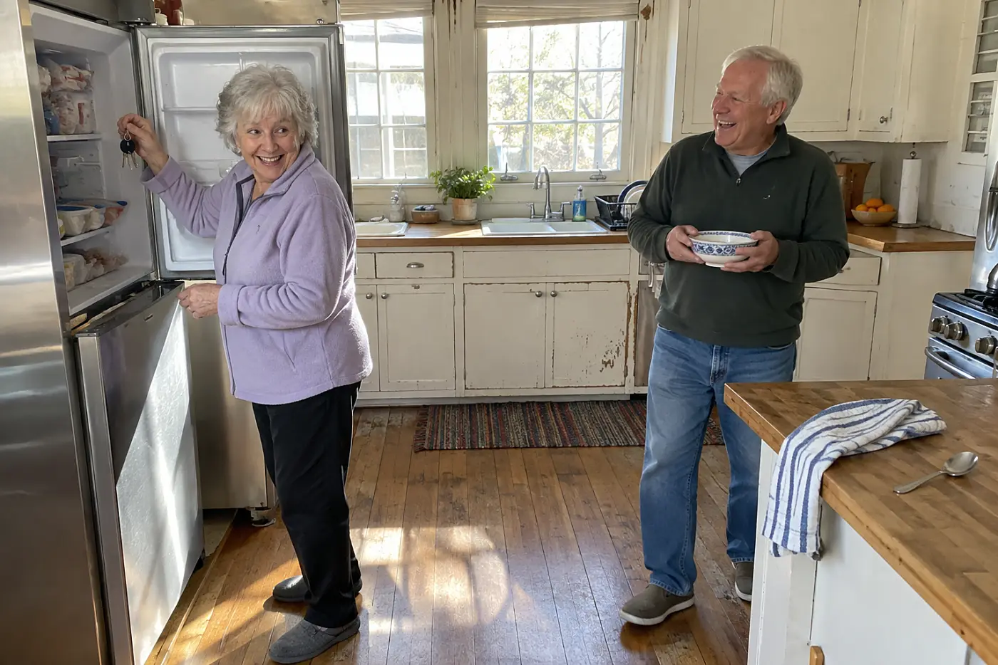 Older woman retrieving her keys from the freezer in her kitchen.