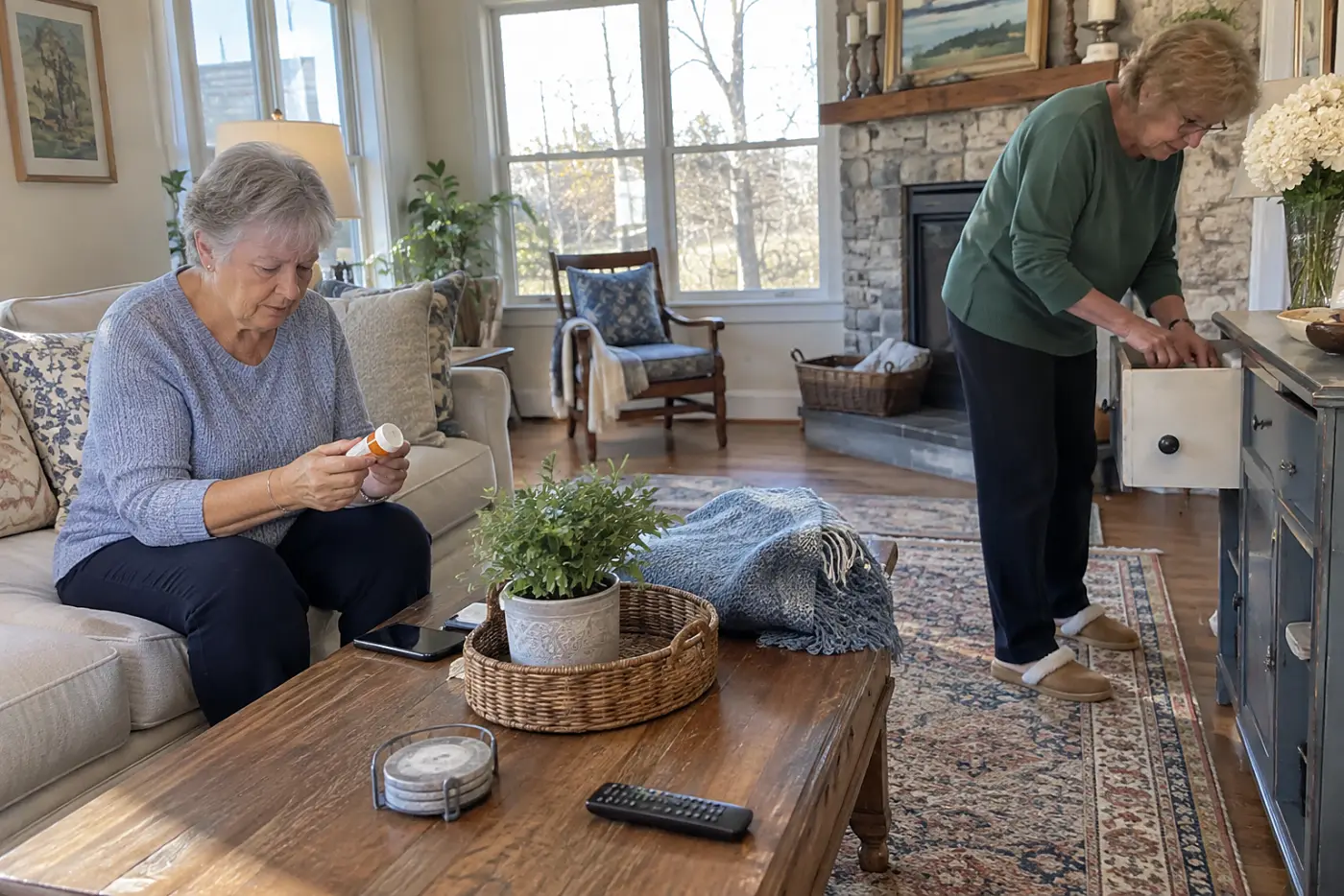 Older woman checking a prescription bottle beside her phone at home.