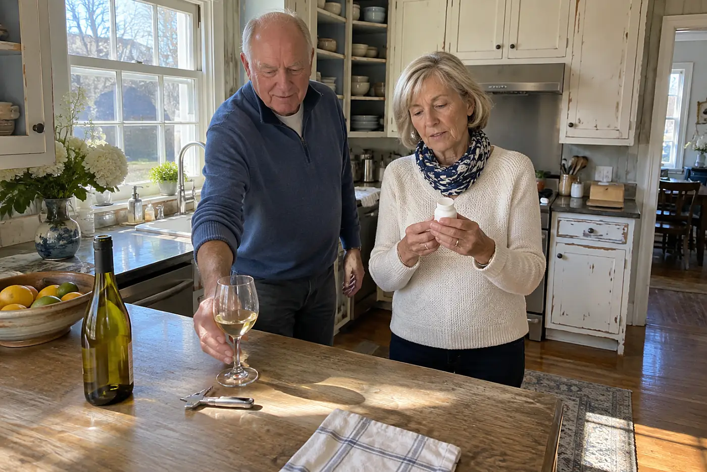 Older woman reading a pill bottle beside a wineglass at her kitchen counter.