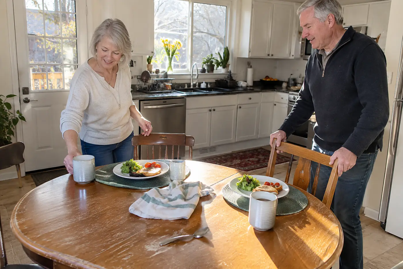 Older woman setting a coffee cup beside an untouched lunch plate.