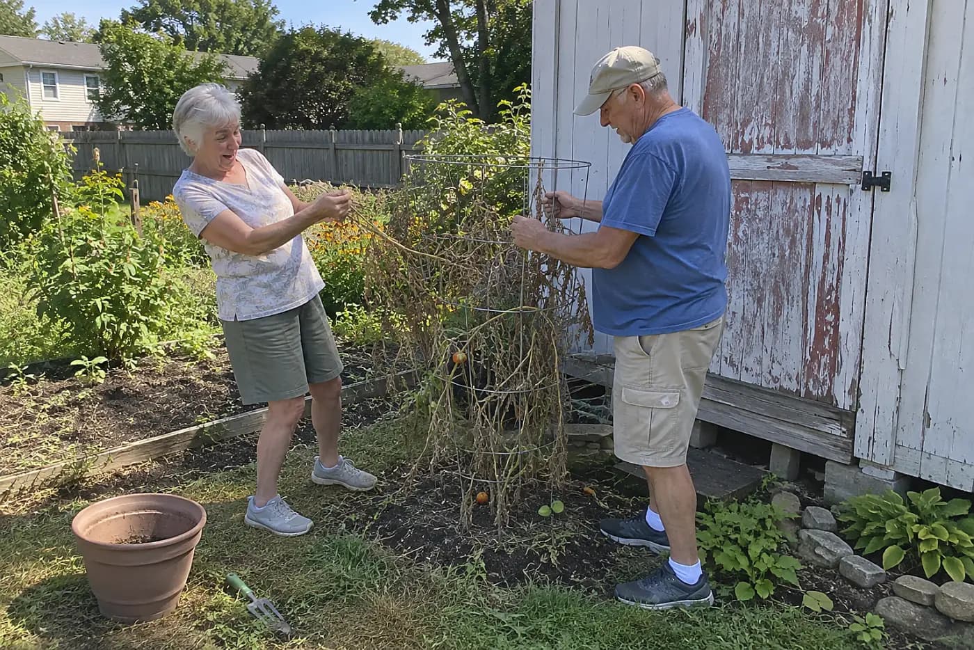 Older woman pulling dead tomato stems from a cage beside the shed.
