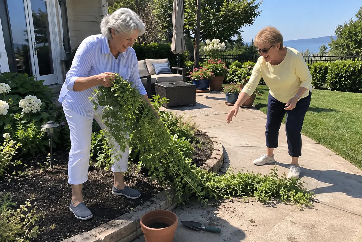 Older woman lifting a mint runner from a patio bed.