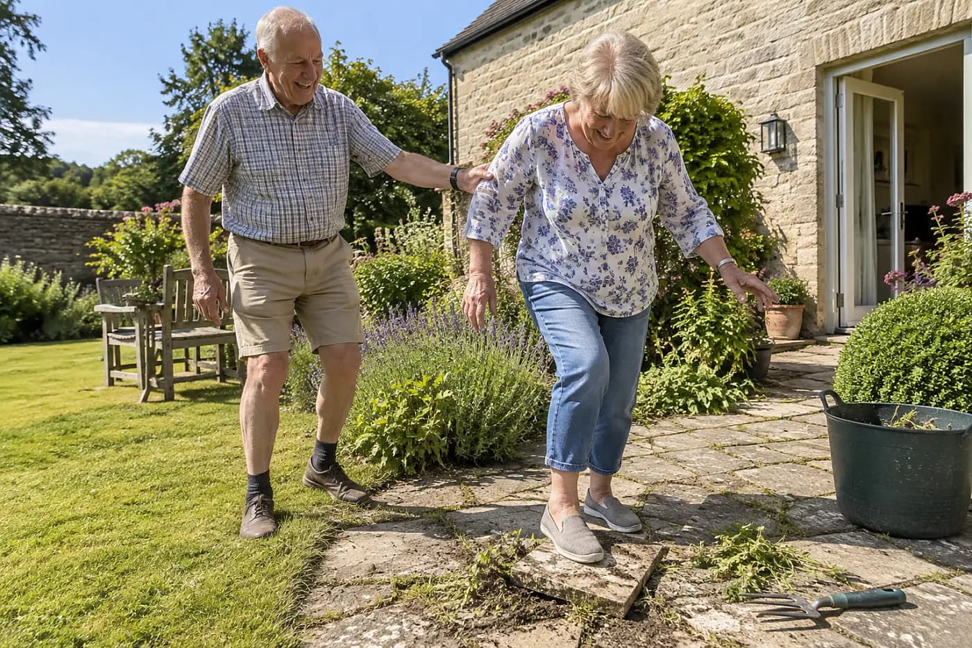 Older woman testing a paving stone after pulling weeds.