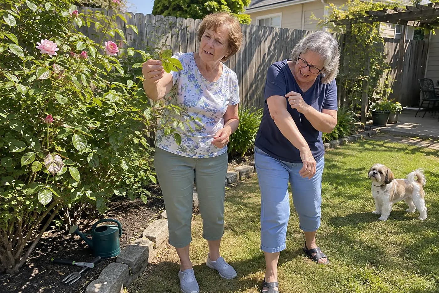 Older woman examining a spotted rose leaf in her backyard.