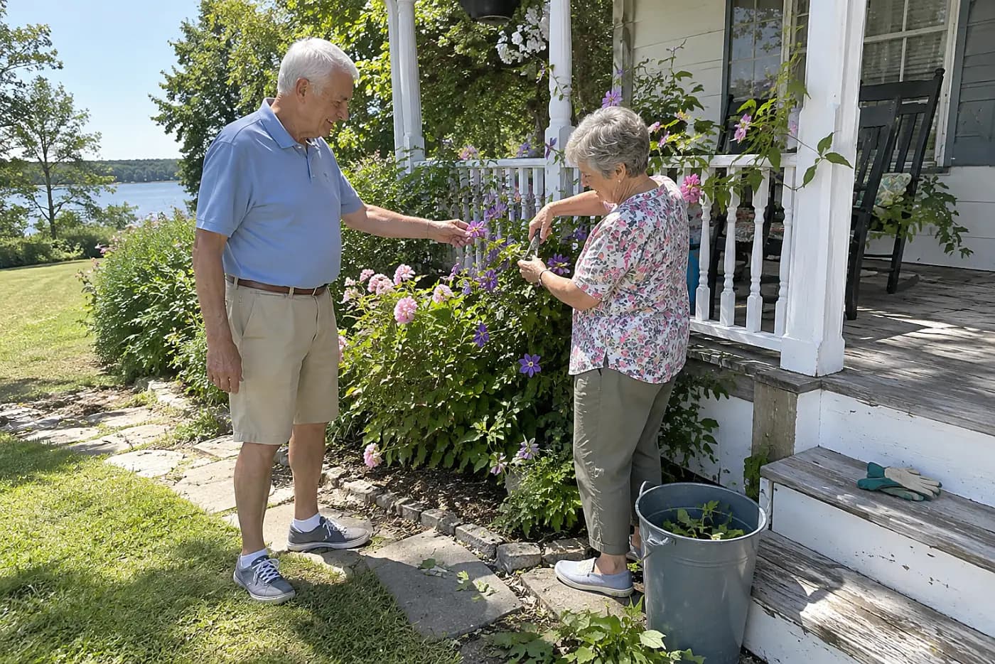 Older woman cutting a vine tangled through flowers beside her porch.