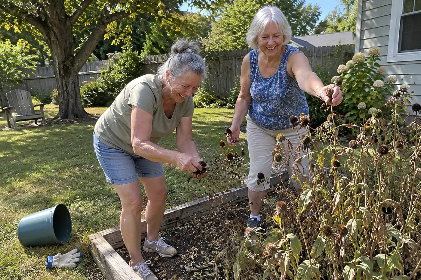 Older woman examining dry flower heads in a backyard bed.