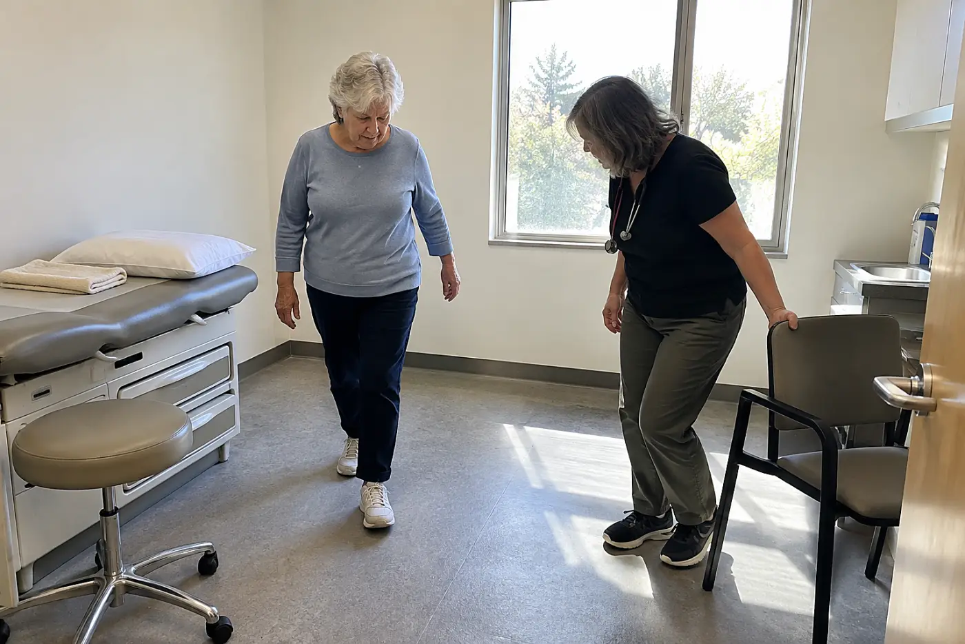 Older woman describing a change in her walking to a clinician in an exam room.