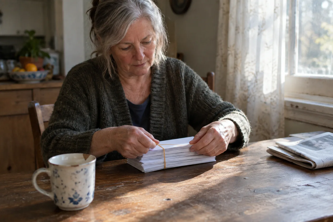Woman bundling a thick stack of savings statements at a kitchen table