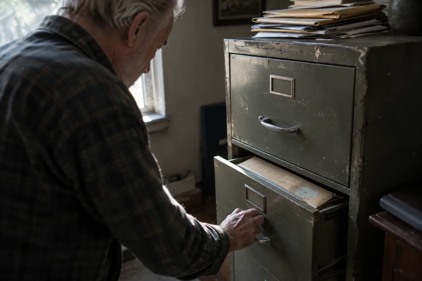 Man pushing an unopened investment folder into a sticking filing drawer