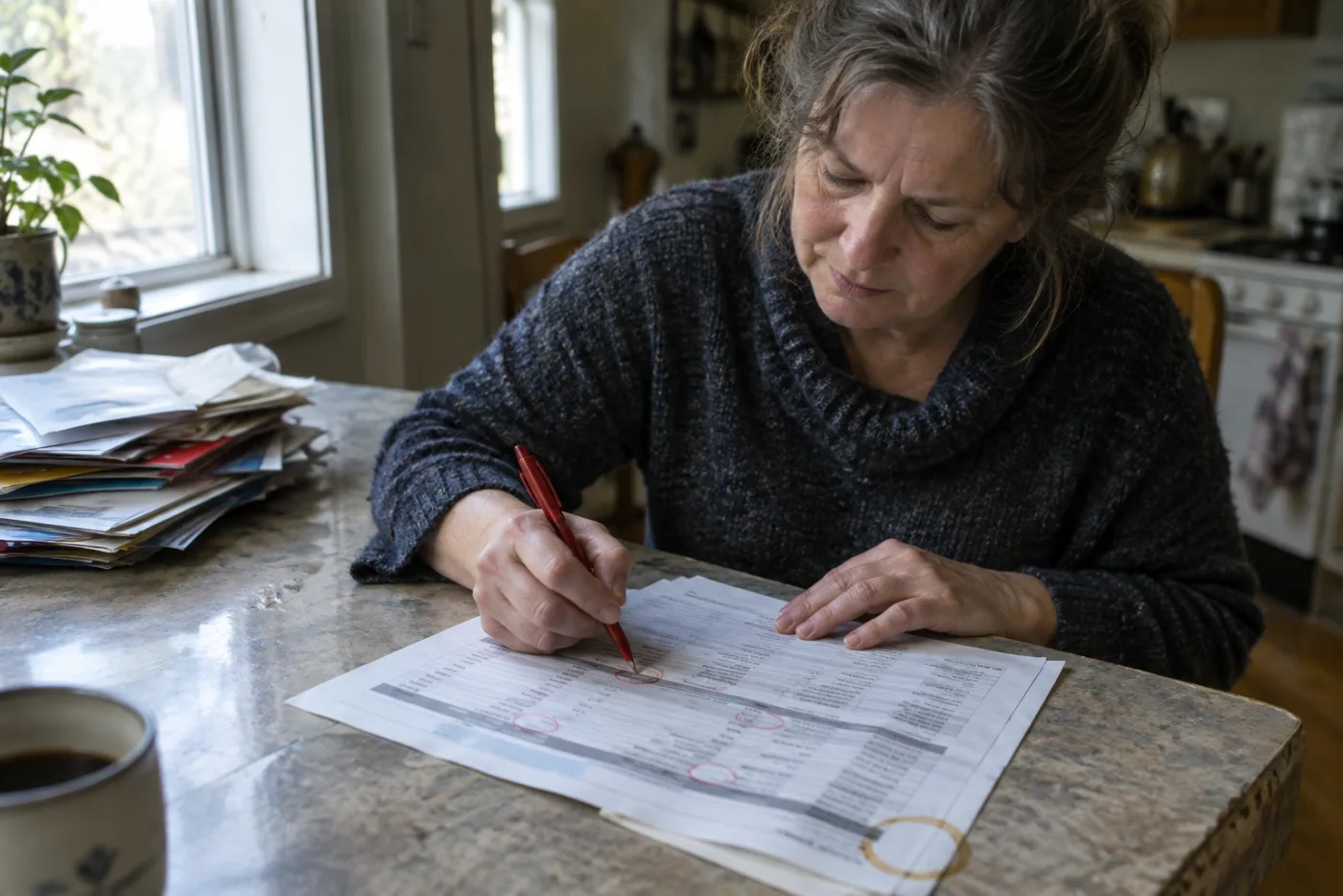 Woman circling old charges in red pen on a printed statement