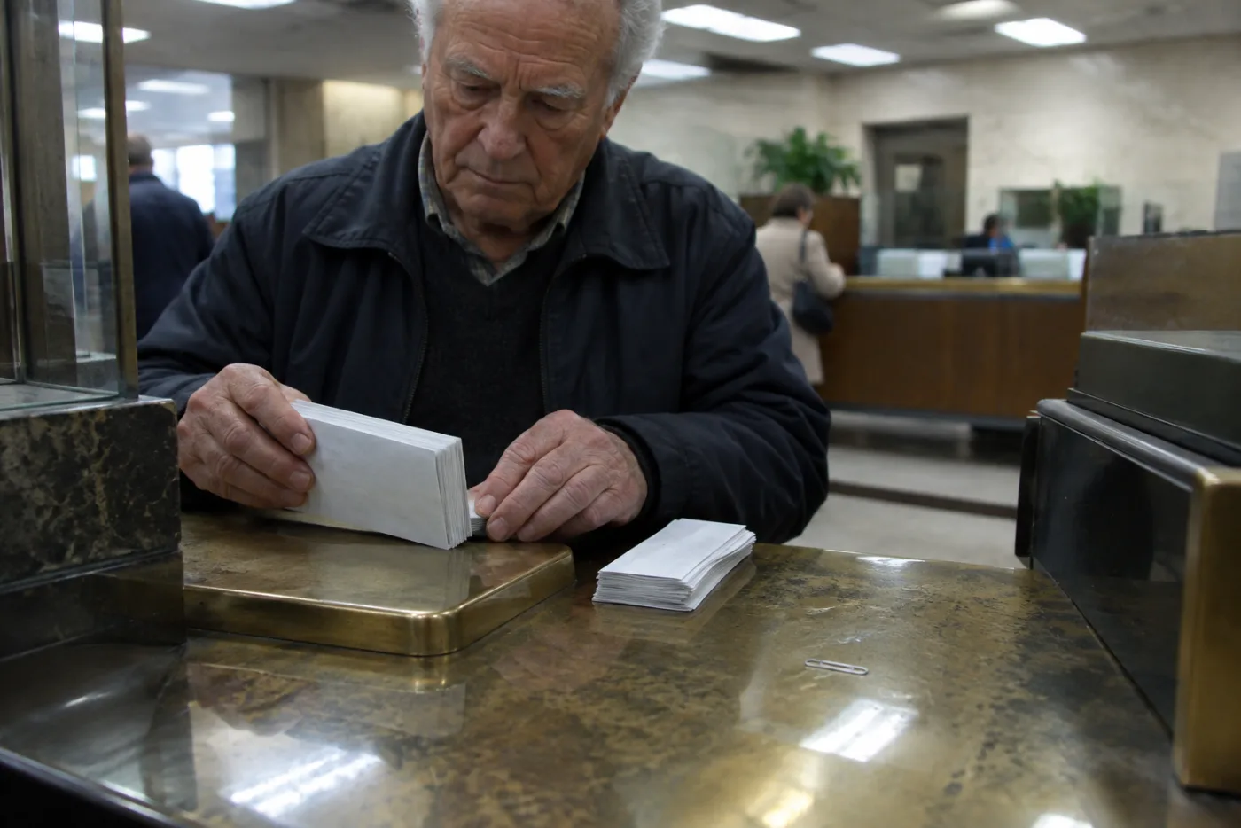 Man sorting uneven withdrawal slip stacks at a worn bank counter