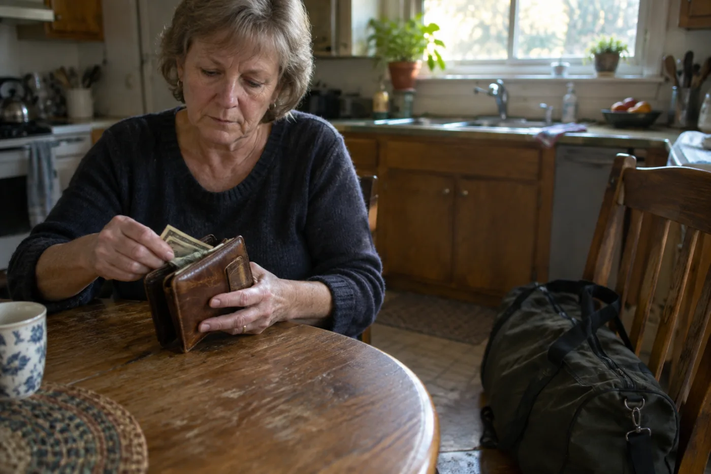 Mother peeling bills from a worn wallet beside her son's duffel bag