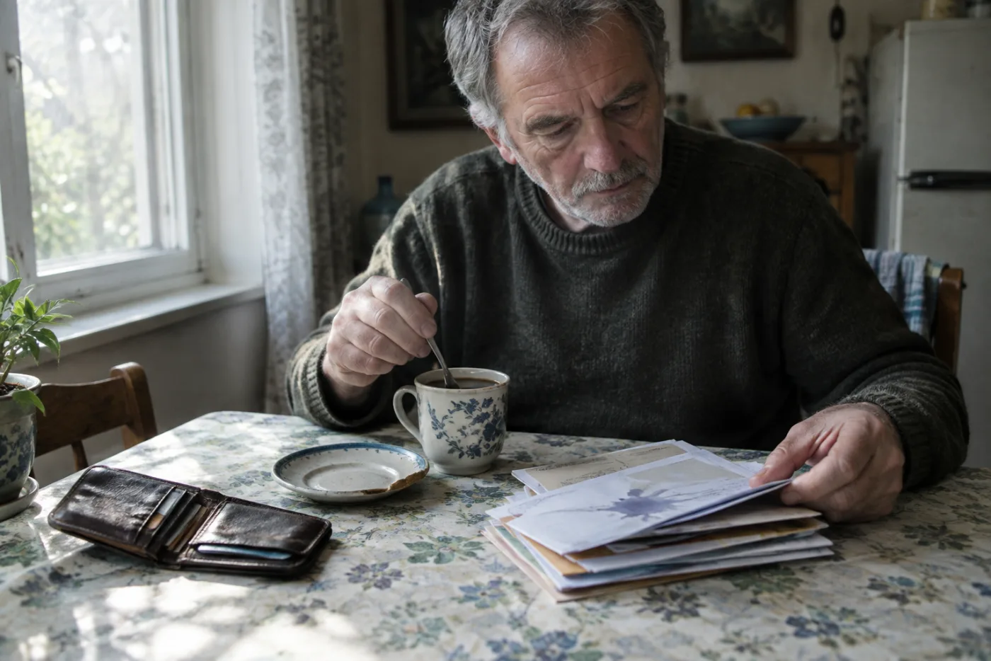 Man stirring coffee while sorting a stack of old credit statements