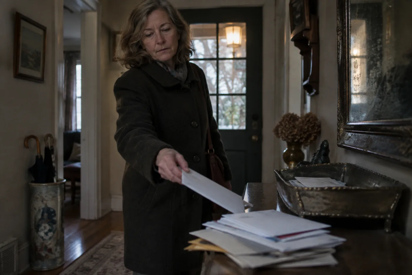 Woman dropping an unopened renewal envelope onto a hallway mail pile