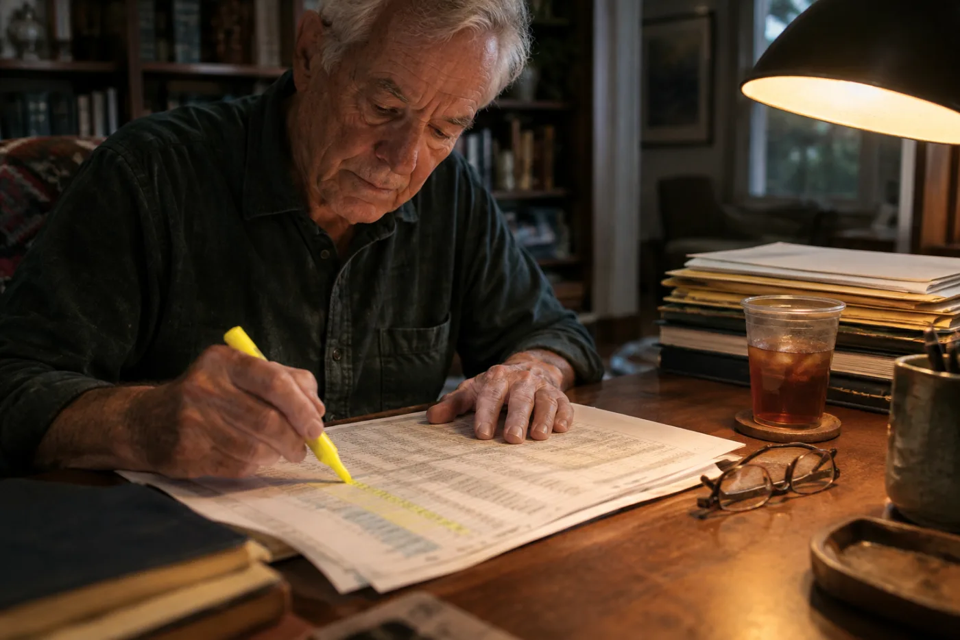 Man highlighting a fee schedule beside a cold cup of tea