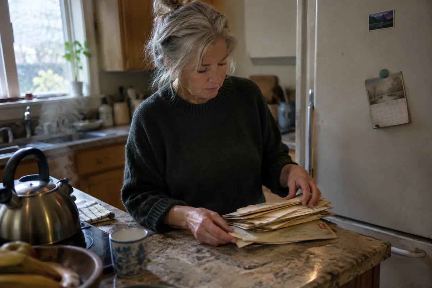 Woman flipping through mail and finding a red-stamped envelope