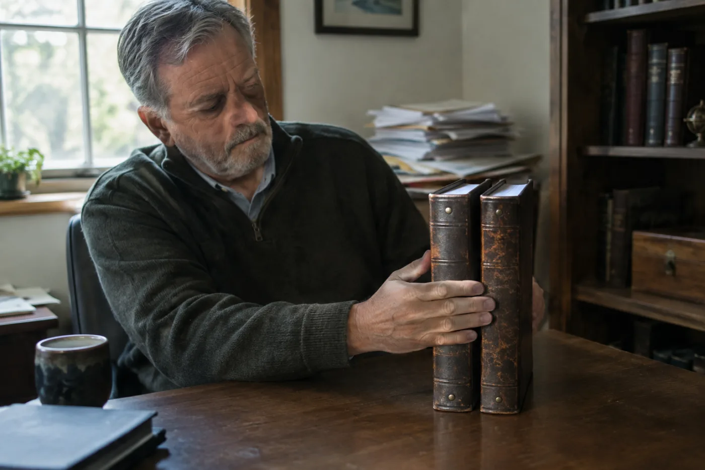 Man comparing two matching insurance binders side by side on a desk