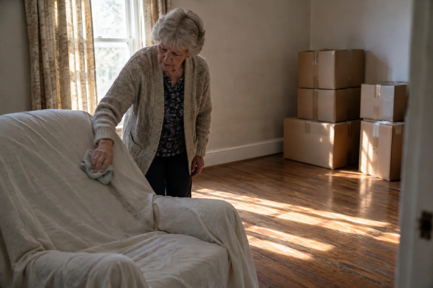 Woman dusting a sheet-covered chair in an empty spare bedroom