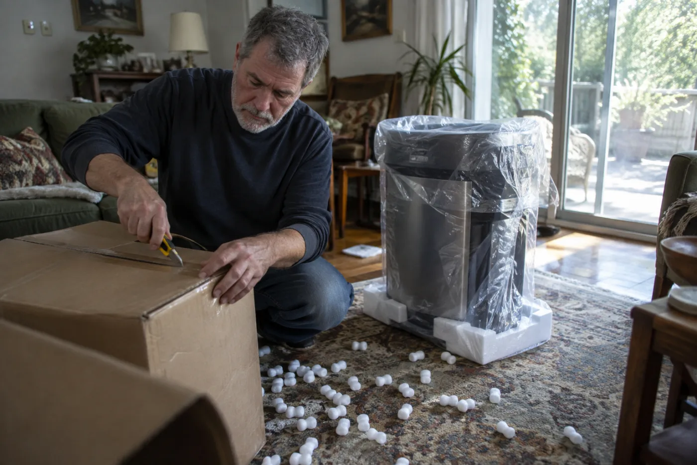 Man opening a delivery box with packing peanuts scattered on the rug