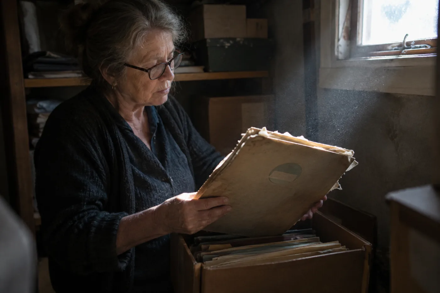 Woman sorting old employer folders pulled from a dusty closet box