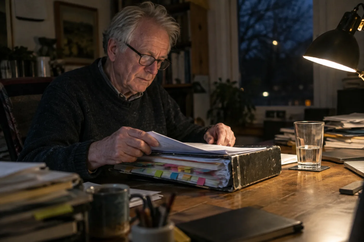 Man flipping through a tabbed financial prospectus under a desk lamp