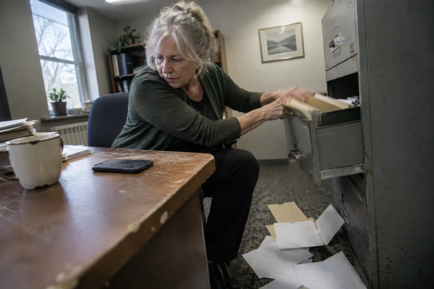 Woman pulling papers loose from a filing drawer in a hurried motion