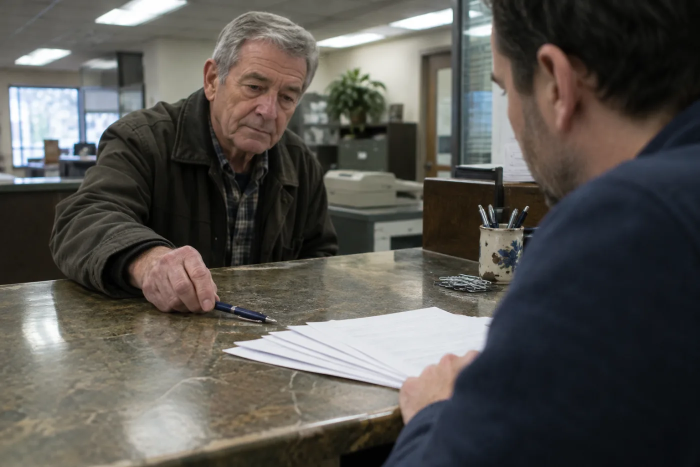 Man sliding a pen toward his son across loan papers on a counter