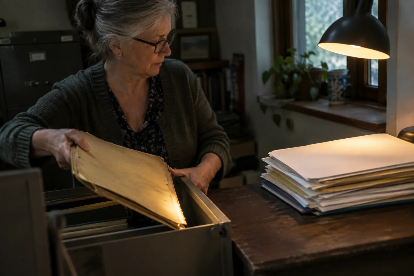 Woman pulling a faded, frayed folder from the back of a drawer