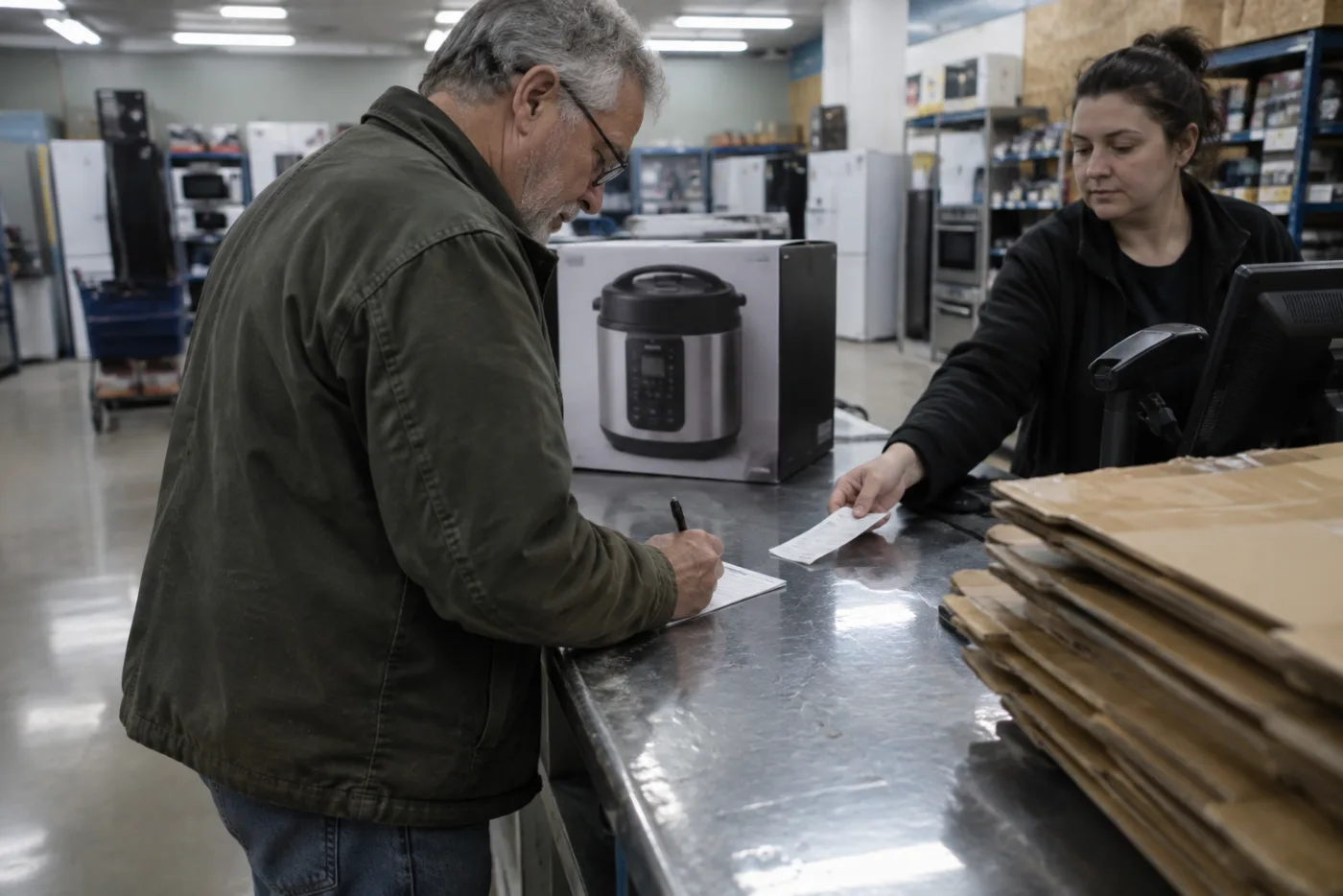 Man signing a warranty slip at a store checkout counter