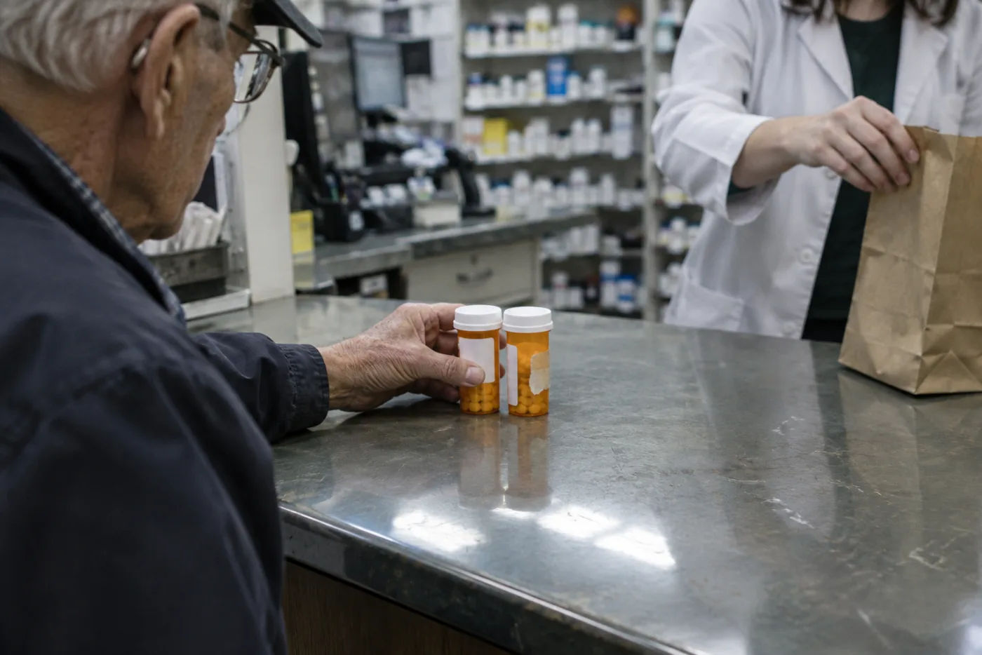 Man comparing two pill bottles on a pharmacy counter
