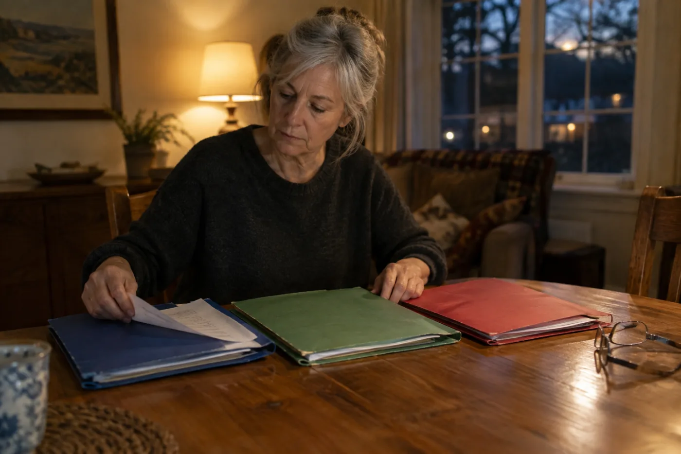 Woman sorting brokerage statements into colored folders at a table