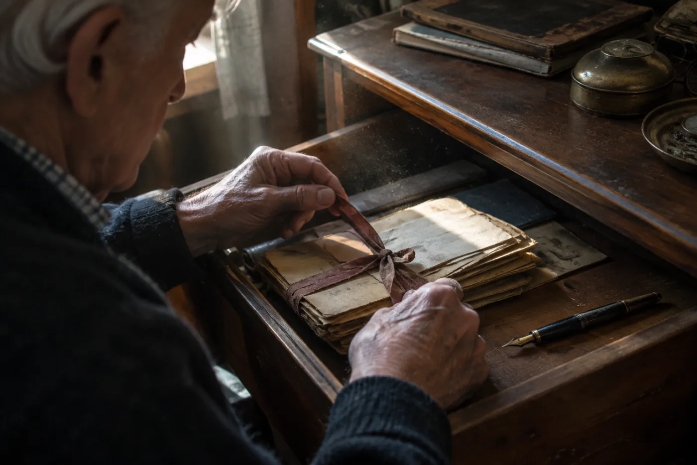 Man untying a faded ribbon from an old bundle of policy papers