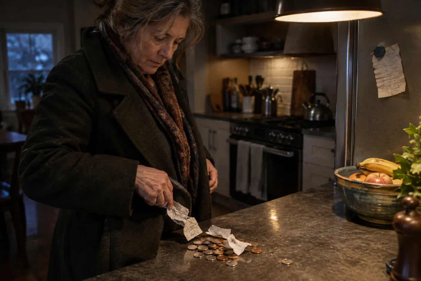 Woman emptying coins and receipts from her coat pocket onto a counter