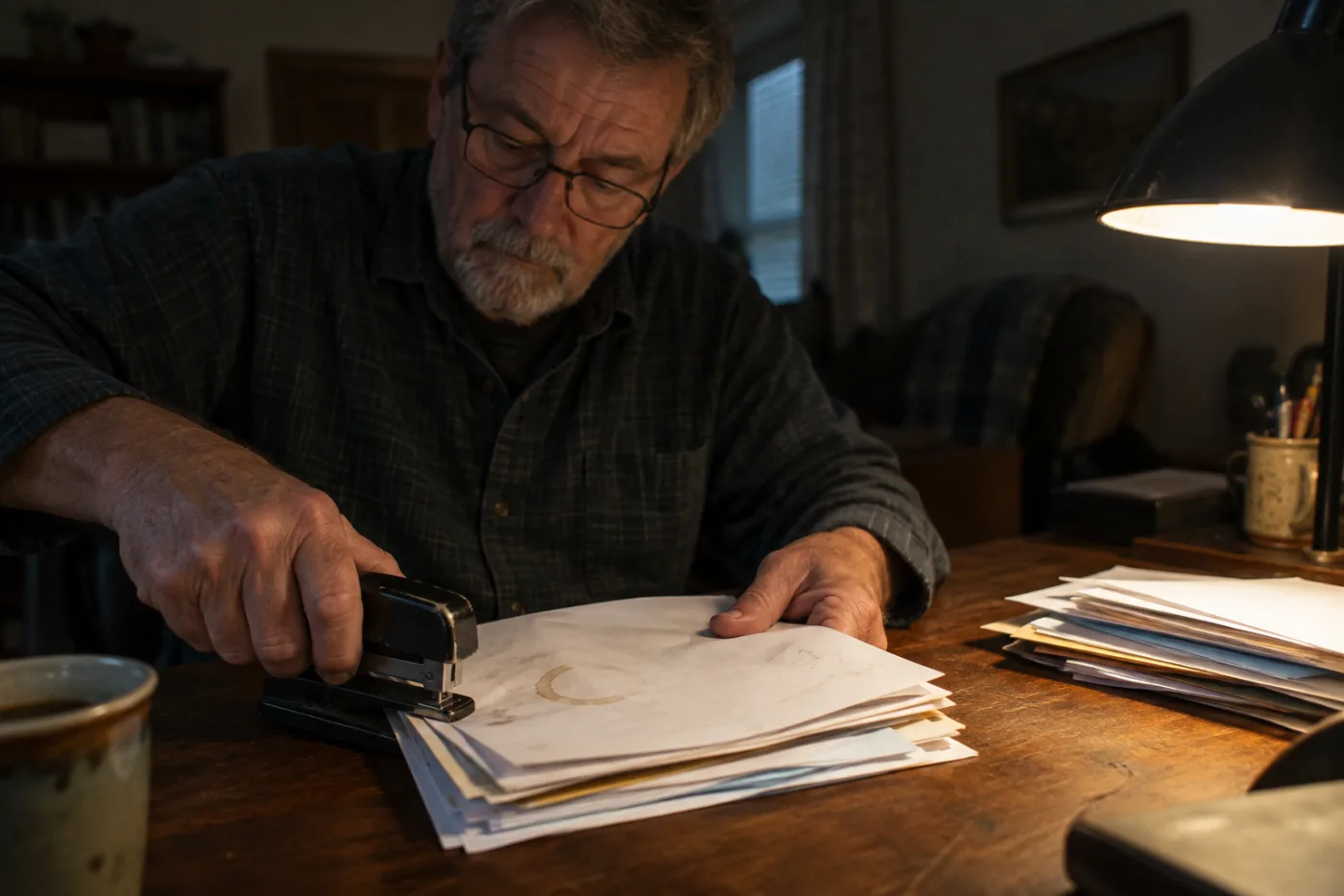 Man stapling a stack of old utility bills together at his desk