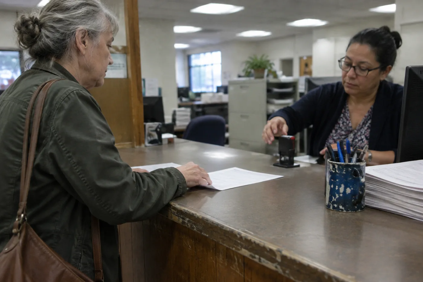Woman sliding a completed form across a government office counter