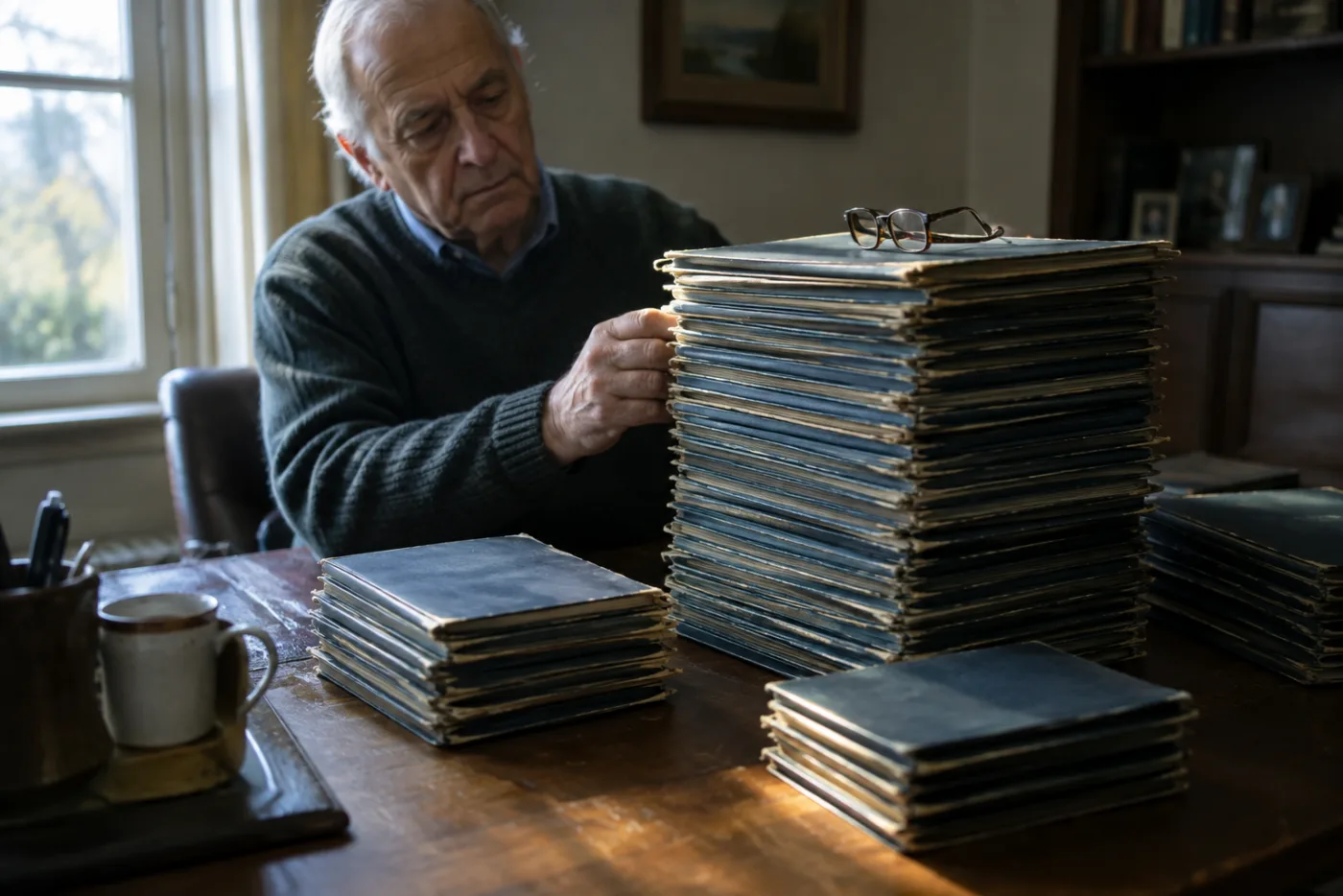 Man stacking one tall pile of stock folders beside smaller ones